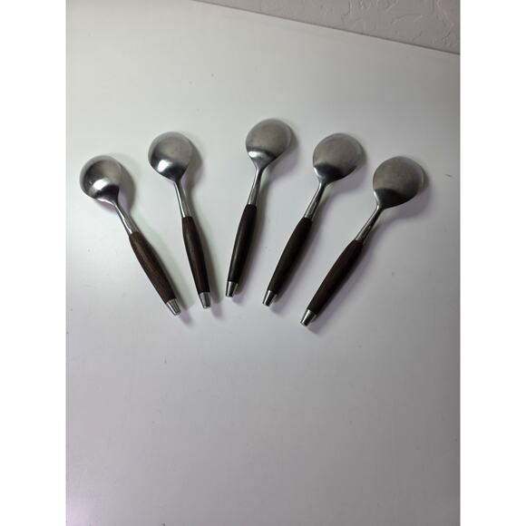 Vintage MCM Wood Handle Stainless Made in Japan 7" Large Table Spoons- Set of 5 - Picture 2 of 5